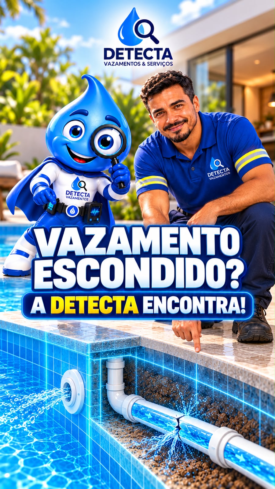 Técnico da Detecta localizando vazamento em tubulação de piscina